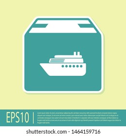 Green Cargo ship with boxes delivery service icon isolated on yellow background. Delivery, transportation. Freighter with parcels, boxes, goods.  Vector Illustration