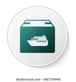 Green Cargo ship with boxes delivery service icon isolated on white background. Delivery, transportation. Freighter with parcels, boxes, goods. White circle button. Vector Illustration