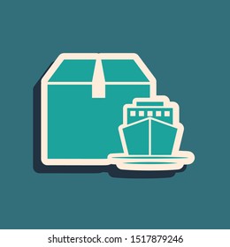 Green Cargo ship with boxes delivery service icon isolated on blue background. Delivery, transportation. Freighter with parcels, boxes, goods. Long shadow style. Vector Illustration