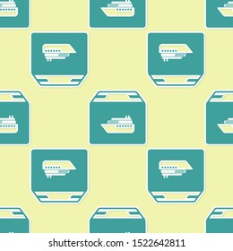 Green Cargo ship with boxes delivery service icon isolated seamless pattern on yellow background. Delivery, transportation. Freighter with parcels, boxes, goods.  Vector Illustration