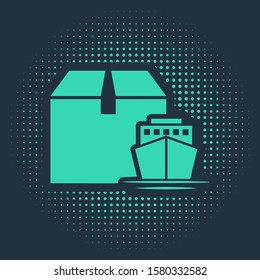 Green Cargo ship with boxes delivery service icon isolated on blue background. Delivery, transportation. Freighter with parcels, boxes, goods. Abstract circle random dots. Vector Illustration
