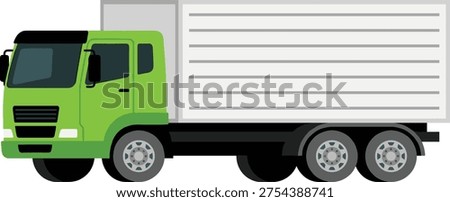 Green cargo truck with container illustration isolated on white background, transportation logistics delivery vehicle for freight shipping concept
