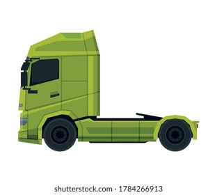 Green Cargo Truck, Modern Heavy Delivering Vehicle, Side View Flat Vector Illustration on White Background