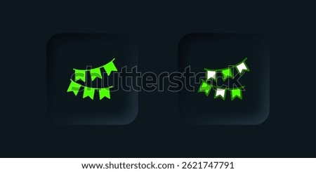 Green Carnival garland with flags icon isolated on black background. Party pennants for birthday celebration, festival decoration. Black square button. Vector