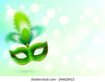 Green carnival mask with feathers vector banner background