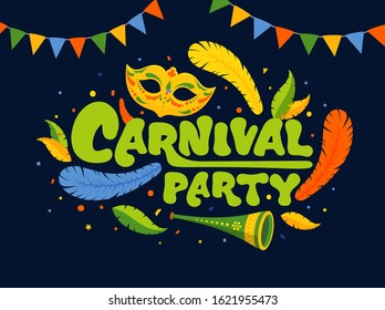 Green Carnival Party Font with Mask, Party Horn, Feathers, Confetti and Bunting Flags Decorated on Blue Background.