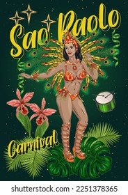 Green carnival poster with brazilian samba female dancer, tropical leaves, orchid, text Sao Paolo. Latino girl dancing and wearing shiny festival costume with colorful feathers. Vintage style.