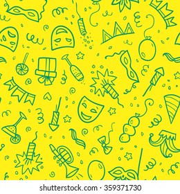 Green Carnival Symbols In Doodle Style On Yellow Background, Vector Seamless Pattern