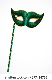 Green carnival theatrical mask with gold ornament with handle isolated on white background, vector illustration