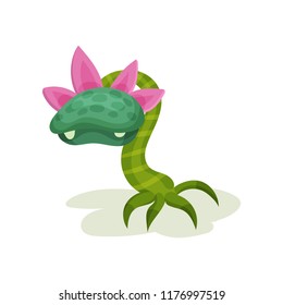 Green carnivore plant with fangs, fantastic killer flower vector Illustration on a white background