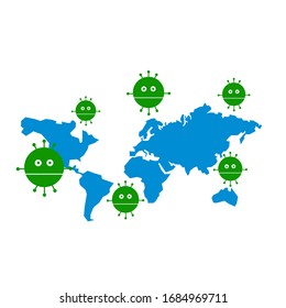 Green caronavirus molecules with world map isolated on white background