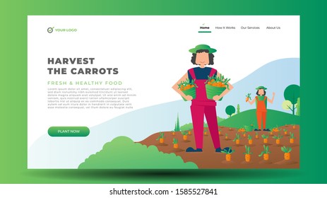 Green Carrot Harvest in the field. Happy mama farmer brings carrot illustration for landing page web template