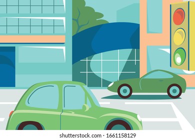 Green cars on street road vector illustration. Vehicles in city traffic. Driveway with marking, lights and big buildings flat style design. Metropolis landscape