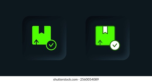 Green Carton cardboard box icon isolated on black background. Box, package, parcel sign. Delivery and packaging. Black square button. Vector