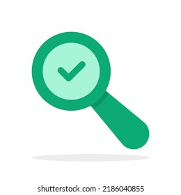 green cartoon abstract magnifier with checkmark. concept of analysis tool and approve or accept sign. flat minimal trend modern simple loupe logotype design web element isolated on white