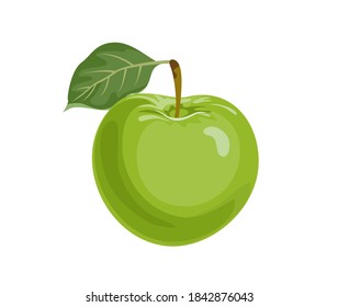 Green cartoon apple with leaf isolated on white. Vector flat illustration of fruit. Icon.