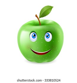 Green cartoon apple with a single leaf and happy smiling face