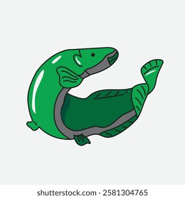 Green Cartoon arapaima fish with white Background