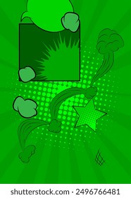 Green cartoon background, comic book abstract backdrop. Retro vector comics pop art illustration design.