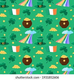 Green cartoon background for St. Patrick's Day. Ceramic pot of gold coins, rainbow with cloud, leprechaun hat, shamrock, clover, flag of Ireland on a green background. Seamless vector pattern.