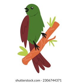 green cartoon bird perched on a tree branch. suitable for children's book illustration, print, poster, sticker. cartoon flat vector illustration.