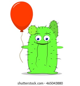 Green Cartoon Cactus Holding A Red Balloon