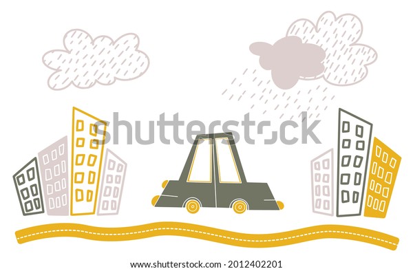 Green
cartoon car in city on yellow road with buildings and clouds doodle
elements vector clipart. Green baby automobile, motor auto.
Adorable childish transport t shirt print
design