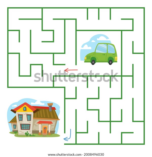 A green cartoon car drives home through\
the maze. Square labyrinth with transport for children. Children s\
cute game on paper. The development of preschoolers. Vector color\
illustration.\
