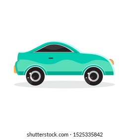 Green cartoon car in flat vector. Transport vehicle. Toy car in children's style. Fun design for sticker, logo, label. Isolated object on white background. The view from the side. Eps 10.