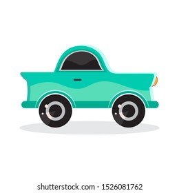 Green cartoon car in flat vector. Transport vehicle. Toy car in children's style. Fun design for sticker, logo, label. Isolated object on white background. The view from the side. Eps 10.