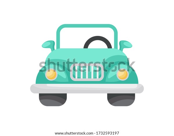 Green cartoon car front view isolated on\
white background, colorful automobile flat style, simple design.\
Flat cartoon colorful vector illustration. \
