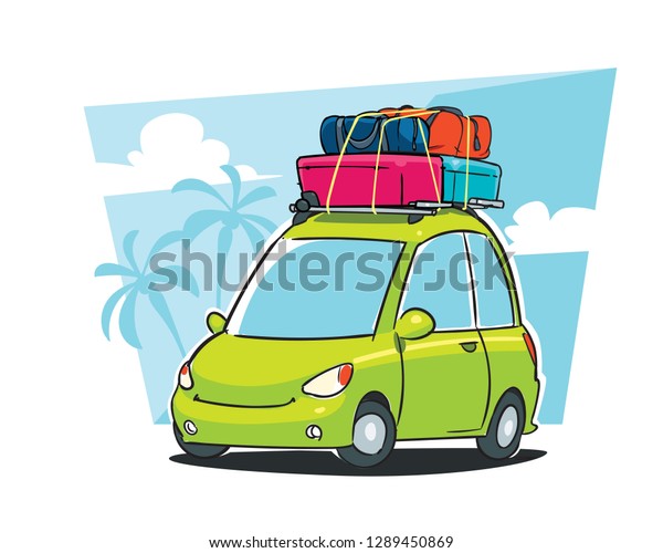Green\
Cartoon Car with luggage on the roof. Summer\
travel