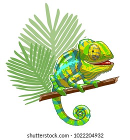 Green cartoon chameleon is sitting on branch and looking. Thoughtful and lazy wild life. Reptile on a white background. Vector illustration. Can be used for fashion print design.