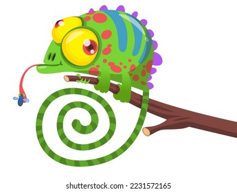 Green cartoon chameleon is sitting on branch and looking. Thoughtful and lazy wild life. Reptile on a white background. Vector illustration. Can be used for fashion print design.