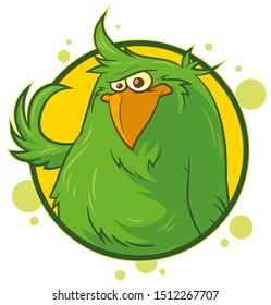 
Green cartoon cheerful cute parrot on yellow background