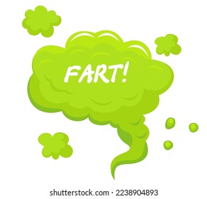 Green cartoon cloud of gas with comic style text "Fart!". Green toxic fart. Stinky clouds. Flatulence symbol. Steam chemicals smoke, body bad scent garbage odor effect. Vector illustration.