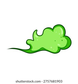 Green cartoon cloud producing a trail of smoke, representing a noxious emission, unpleasant smell, poison gas, or a danger warning signal, isolated on a white background