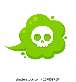 Green cartoon cloud of toxic gas with comic style skull icon. Deadly fumes, vector clip art illustration.