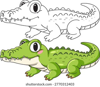 Green cartoon crocodile and black and white outline version for children coloring activity book