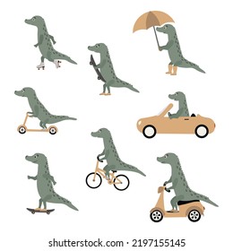 Green cartoon crocodile character riding bike, scooter, skateboard, roller skate, car vector set