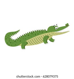 Green cartoon crocodile in natural position isolated on white background. Big reptile with wide open mouth vector illustration. Drawn friendly croc with eyebrows in flat design, sticker for children