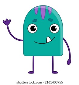 Green cartoon cute monster or alien waving his hand. Children's character for games and applications. Vector illustration isolated on white background.