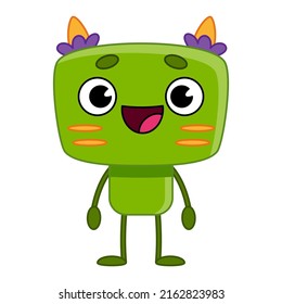 Green cartoon cute monster or alien with horns. Children's character for games and applications. Vector illustration isolated on white background.