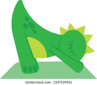 Green cartoon dinosaur doing yoga. Yoga asanas on sports mat. Vector image. Dinosaur isolated on white background. Design element for designing postcards banners brochures menus posters websites.