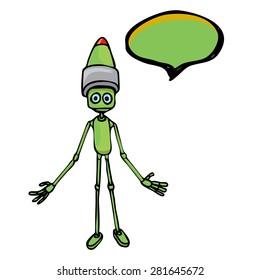 green Cartoon doodle Robot on white. kids drawing style