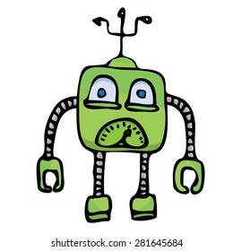 green Cartoon doodle Robot on white. kids drawing style