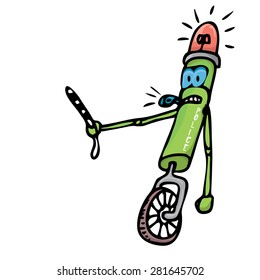 green Cartoon doodle Robot on white. kids drawing style