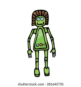 green Cartoon doodle Robot on white. kids drawing style