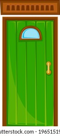 Green cartoon door with a window. Vector illustration in cartoon style. Isolated clipart on white background fun