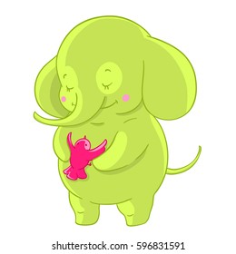 Green cartoon elephant hugs pink little bird. Friendship.